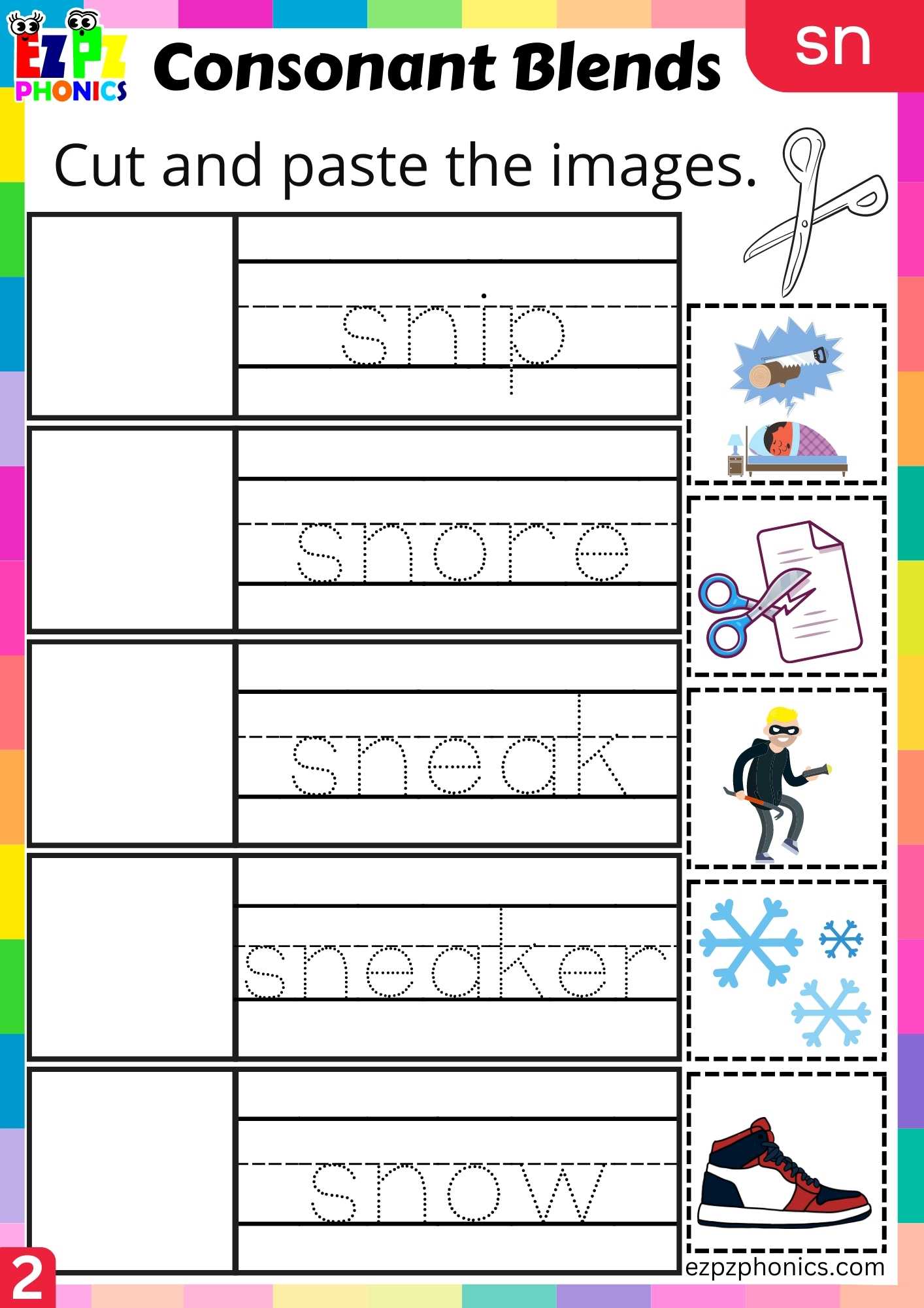 Group2 SN Words Cut And Paste The Images Phonics Consonant Blends Worksheet
